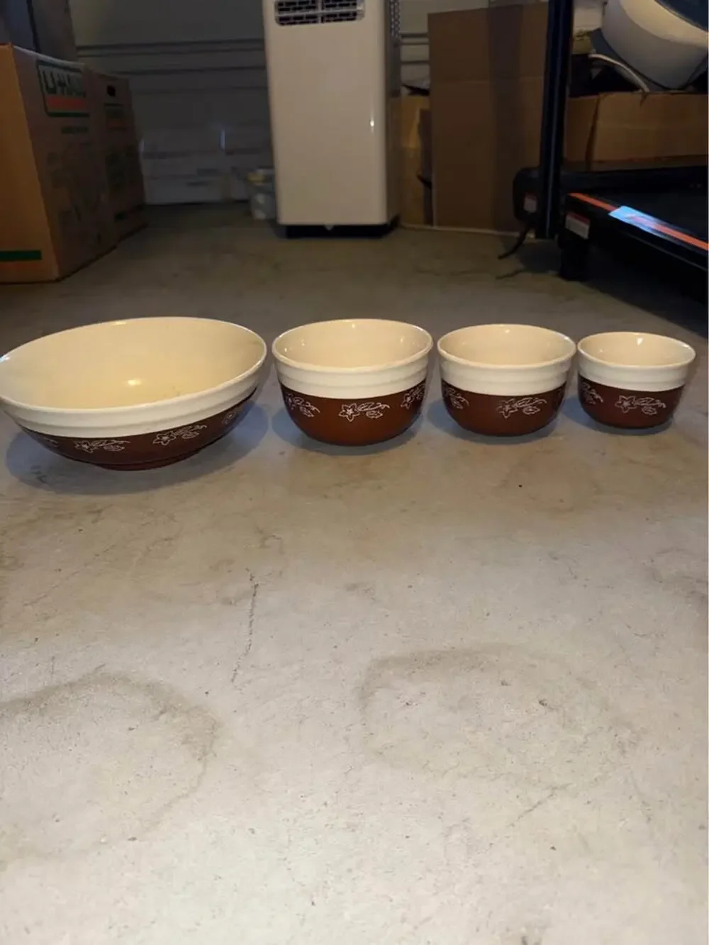 1940s VTG Nesting-Mixing-Dough BOWLS Off-WHITE & BROWN Flowers OXFORD STONEWARE
